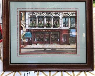 Lot 1208.  Euro street print, matted and framed. Outer frame: 33-1/2" x 28-1/2"; inner opening: 20-1/2" x 15-1/2". Companion print lot 1209. $48