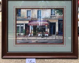 Lot 1209.  Euro street print, matted, and framed. Outer frame: 33-1/2" x 28-1/2"; inner opening: 20-1/2" x 15-1/2". Companion print lot 1208. $48