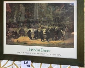 Lot 1211. Large print of "The Bear Dance" in a green solid wood frame. Frame outer: 30-3/4" x 39-3/8"; inner: 25" x 33-1/2".  Nice heavy piece.  $100