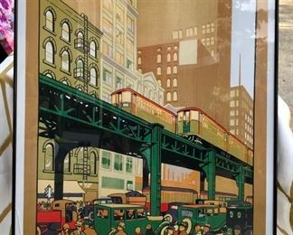 Lot 1217. Chicago "L" print in frame. Note: glass is cracked on the bottom left and right. 24-1/4" x 36-1/4" $40. Neat image, though!