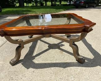 Lot 1194. Absolutely Beautiful Beveled Glass, Wood & Metal Cocktail Table. 47" square x 21.5" H. $395