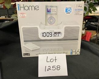 Lot 1258. $18.00.  Brand New iHome Dual Alarm, AM/FM Radio and iPod/Shuffle Player Model iH6