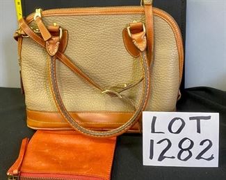 Lot 1282 $48.00 . Dooney & Bourke Vintage Handbag, Khaki pebble leather w/brown trim, 1 Orange zip-up wallet by Madewell. 