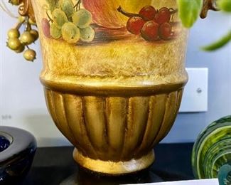Lot 1315. 1 Floral & fruit Centerpiece in interesting in a hand-painted urn,  Kosta Boda Art Glass Cobalt Blue Votive, 1  Art Glass Paperweight. $48