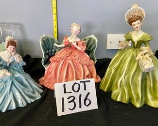 Lot 1316. Beautiful Florence Ceramics Figurines. Rebecca in blue dress, Georgette in green dress, Victoria on sofa.   $120
