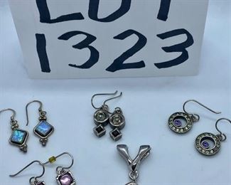 Lot 1323.  $95.00. Another fine lot of 3 pairs of Patricia Locke earrings, one pair sterling earrings, marked "5* STER" with blue Aquamarine stone, one pendant marked PD with pink stone - pendant is hinged on top for easy off and on to your favorite chain.		