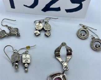 Lot 1323.  $95.00. Another fine lot of 3 pairs of Patricia Locke earrings, one pair sterling earrings, marked "5* STER" with blue Aquamarine stone, one pendant marked PD with pink stone - pendant is hinged on top for easy off and on to your favorite chain.		