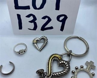 Lot 1329. $125.00.  David Yurman 14k gold and Sterling Heart Pendant, Brighton Key Fob Heart & Bell, Irish Claddagh silver ring, smaller size about 6-1/2, Silver Toe Ring, Pocket Hail Mary Rosary Ring.		