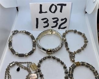 Lot 1332. $36.00.  Lot of Six costume jewelry bracelets. Black and Silver w/beads, silver and gold time stretchy bracelet, silver and one gold-toned bracelet, another unusual tiny silver beaded bracelet, sparkly stretchy bracelet, inspirational magnetic closure bracelet ("joy, peace, dream") charms. 	