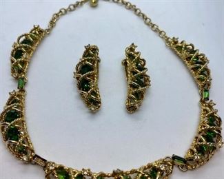 Lot 1337. $100.00. STUNNING! Exquisite Demi Parure Set  - Necklace and Clip Earrings - Vintage set by Hattie Carnegie, Signed.  Perfect for that Christmas party to celebrate the end of the pandemic!  Missing one small rhinestone.  If perfect, we would price it to sell here online for $180, but since there is a small repair needed, I've gotta discount it.  Sniff sniff!		