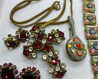 Lot 1342.  $85.00. Vintage Micro Mosaic Bracelet, Antique, with matching pin in the shape of a banjo - Made in Italy- so cool!  Vintage red and clear rhinestone "cross" necklace with matching earrings, Interesting gold tone necklace - chain is three dimensional and has filigree links and the pendant looks almost medieval. 		
