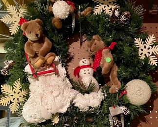 Lot 1349. $48.00.  Large Christmas Wreath, featuring three Teddy Bears having a snowball fight, sledding and building a snowman.  Adorable Wreath should delight the kids as well!
