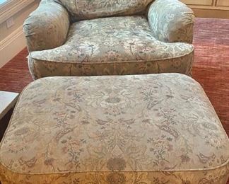 Lot 1348. $150.00.  This chair and ottoman is the epitome of comfort, with a Capital C!  Made by Hickory White, a great name in Furniture.  The fabric is somewhat faded, but the comfort is still there! 
