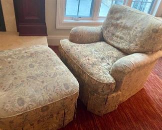 Lot 1348. $150.00.  This chair and ottoman is the epitome of comfort, with a Capital C!  Made by Hickory White, a great name in Furniture.  The fabric is somewhat faded, but the comfort is still there! 