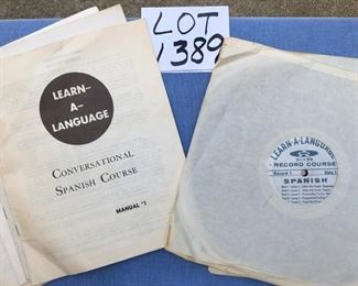 Lot 1389. $20.00.  Lot of 4 vintage vinyl Conversational Spanish instruction albums, with instruction pamphlets