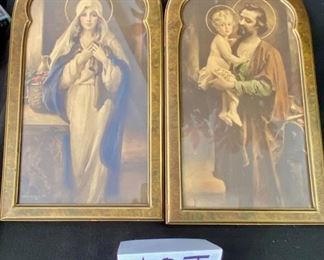 Lot 1409. $48.00/pair. Two vintage Religious Pictures: The Blessed Virgin Mary, and St Joseph and holding the Baby Jesus. 	ea is 7 7/8"x10 5/8"