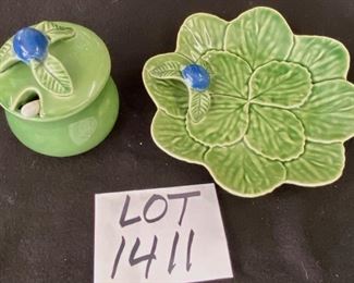 Lot 1411.  $28.00/pair. Adorable Bordallo Pinheiro Portugal Leaf Plate and matching Leaf Jelly Jar