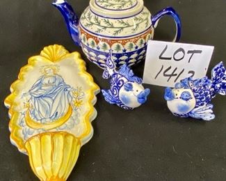 Lot 1412.  $42.00.  Lot of 3 Ceramic items. Boleslawiec Teapot, Blue & White fish S&P, Holy Water Font (Vintage)