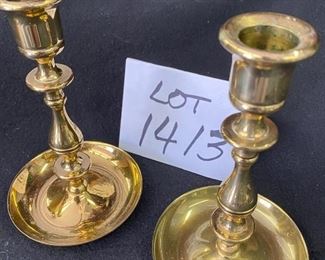 Lot 1413.  $18.00. Pair Brass Candlesticks 6.5" tall