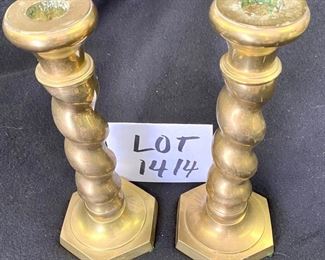 Lot 1414. $28.00.  Pair Brass Candlesticks 9" tall. Andrea by Sadek