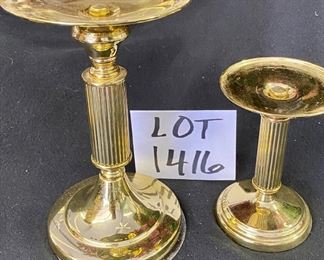 Lot 1416.  $28.00. 2 Brass Candlesticks , 8.5" T and 5.75"T