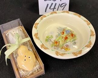 Lot 1419.  $25.00.  Sweet Bunnykins - royal Doulton- 6.25" bowl and set of Hallmark bunny/chick S&P shakers