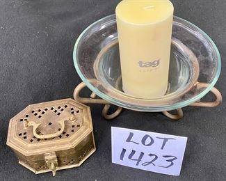 Lot 1423.  $24.00.  Small brass basket 5'x3.5"x 3" T, Glass display bowl and tag pillar candle 8.5"d x 3"t".