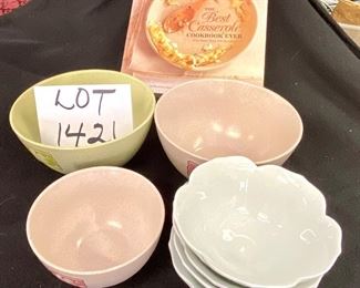 Lot 1421. $29.00.  Cookbook "The Best Casserole Cookbook Ever"! 3 Cera Zone Bunny motif bowls and 4 white tulip bowls to fill with those yummy casseroles