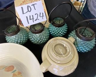 Lot 1424.  $28.00.  Fiesta Time!! Plan your party now. Cookbook, Gilroy garlic crock, 4 patio tealight holders, and a Festival Hat Chip and Dip Bowl (14" Diam).