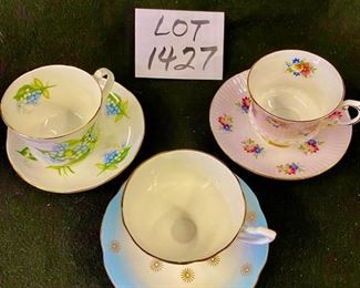 Lot 1427.  $20.00.  Lot of 3 china cups and saucers. Royal Stuart, Duchess -Lily of the Valley & Elizabethan cup and saucer		