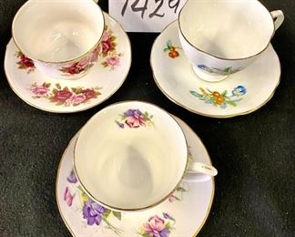 Lot 1429.  $20.00.  Lot of 3 Teacups and saucers: English Castle Cherry, Queene Anne & Duchess Floral.
