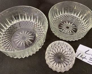 Lot 1437.  $10.00.  Lot of 3 cut glass bowls, Perfect for your next party! 9" D x 4" t, 8" D x 4" t, 4.25 D x 2"t