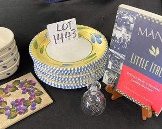 Lot 1443.  $15.00.  Eclectic Italian Lot: Glass olive oil cruet, painted tile trivet, 8 Maxam Yellow floral dinner plates (made in Italy) (some crackling on plates), 4 Pfaltzgraff bowls ( NOT made in Italy)! All topped off with a cookbook "Mangia, Little Italy Cookbook"! Ciao Bella!!