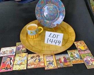 Lot 1440. $12.00.  Lot of 10 Mary Engelbreit fridge magnets, Coffee cup candle plate and nice 14" Rnd Wovenwood Platter. 