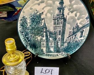 Lot 1447.  $40.00.   Sevilla Plate made in Spain and cute Boudoir lamp (we think it is Waterford but can't take it apart to discover the mark). Plate stand not included. 
