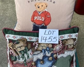 Lot 1455.  $28.00.  Ralph Lauren Polo Bear pillow 16' tall x 18", Tapestry Bear Pillow 16"x12". 
