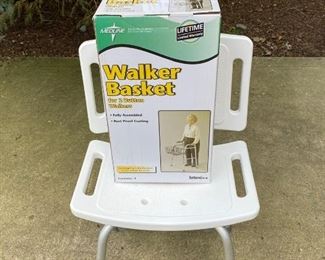Lot 1458.  $38.00.  Adjustable height shower chair and a basket for a walker