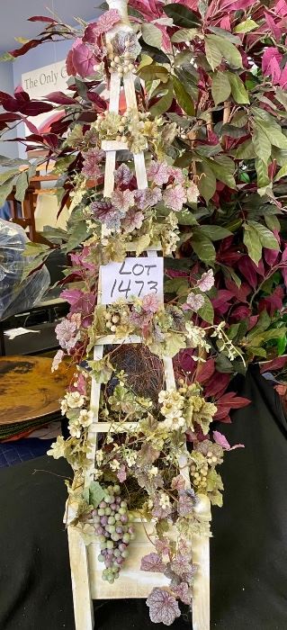 Lot 1473. Cute painted Topiary with silk florals and faux grapes.  $40