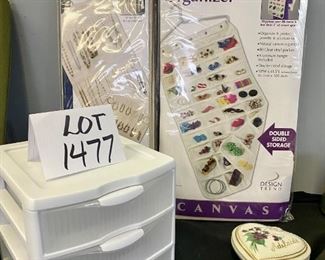 Lot 1477. $25.00.  Limoges Vng heart pin dish, 2 Brand new Canvas Jewelry organizers from the container store and 1-3drawer plastic organizer	18"x41.5" jewelry bags. 