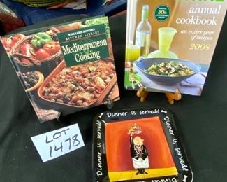 Lot 1478.  $19.00.  Cute Tracy Flickinger "Dinner is Served" plate, with 2 cookbooks:2008 Food & Wine annual cookbook & Williams Sonoma 'Mediterranean Cooking. 		
