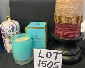 Lot 1505. $30.00. Z Gallerie Glow Candle in a lovely turquoise box (NEW in box, Tangerine scent).  Crate and Barrel pillar candle and stand.		