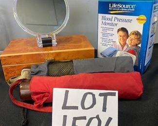 Lot 1506.  $72.00.  Lot of 5 items - LifeSource Blood Pressure Monitor, 5-1/4" Makeup Mirror with Ginormous Magnification, 2 Eddie Bauer Travel Umbrellas, One Travel Humidor "Don Salvatore" 10x5.5x3". by Buddy Products