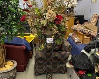 Lot 1485. $95.00. Tall Tuscan Stand Wrought Iron Style Floral  on Wrought Iron Stand w/ Composite Vase and Base	50" H x 12" Base of Stand, entire Floral is 80" Tall	