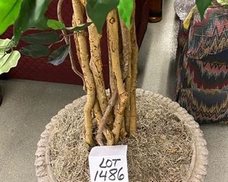 LOT 1486.   $95.00 Large Faux Ficus Tree in Composite VasE  with Grape Vines in Relief 
