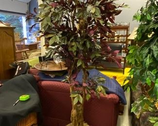 Lot 1487. $80.00.  Beautiful Faux Silk Tree with Metal Vase and Spanish Moss. Green and Wine Color Leaves	Vase is 13" Diameter x 13" H , Tree is 85" T	