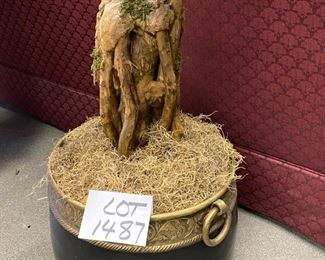 Lot 1487. $80.00.  Beautiful Faux Silk Tree with Metal Vase and Spanish Moss. Green and Wine Color Leaves	Vase is 13" Diameter x 13" H , Tree is 85" T	