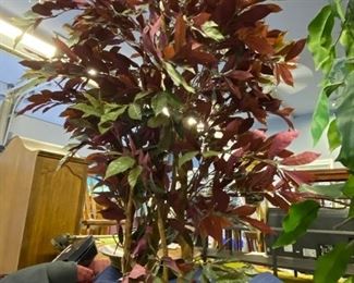 LOT 1487. $90.00 Beautiful Faux Silk Tree with Metal Vase and Spanish Moss. Green and Wine Color Leaves. 