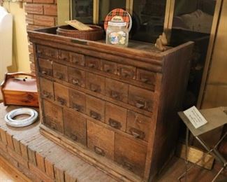 Antique Oak Hardware File Cabinet with Tin Lined Drawers
