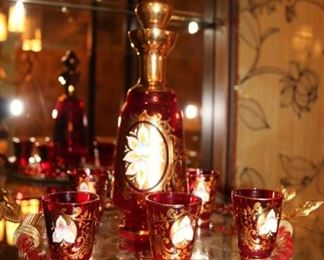 Bohemian Cranberry Glass Decanter Set