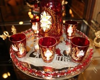 Bohemian Cranberry Glass Decanter Set